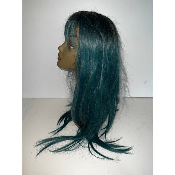 Long Ombre Straight Free Parting Synthetic Wig Two Tone Mix teal Green black NWT - Picture 7 of 12